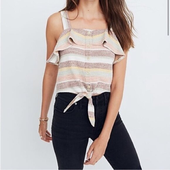 Madewell Texture and Thread Striped Ruffle Tie Front Tank Top Sz M - Picture 1 of 10
